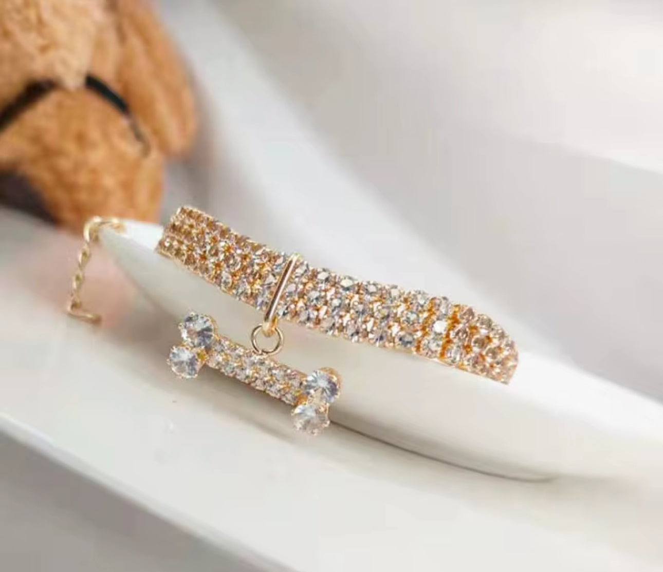 RHINESTONE PET COLLAR WITH BONE CHARM