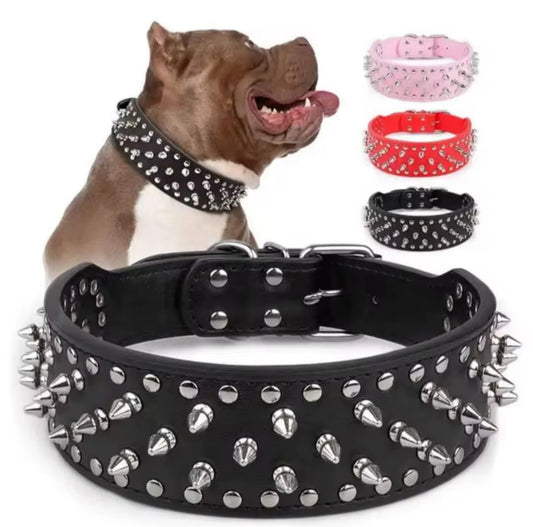 ADJUSTABLE 2" LEATHER SPIKED DOG COLLAR