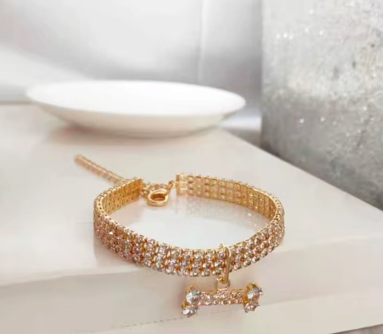 RHINESTONE PET COLLAR WITH BONE CHARM